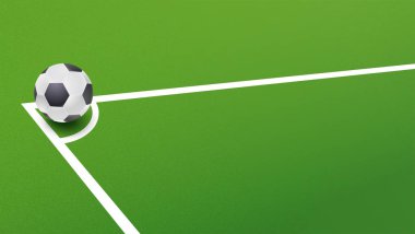 Futbol topu penaltı atışları için alanının köşesinde. Şablon / spor olay davetiyesi için duyuru. Afiş yazdırma için vektör 3d çizim hazır