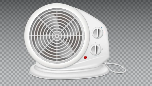 Riscaldatore elettrico bianco con ventilatore, apparecchio radiatore per il riscaldamento d'ambiente. Icona del riscaldatore domestico con cavo elettrico. Illustrazione 3D, isolata su sfondo trasparente . — Vettoriale Stock