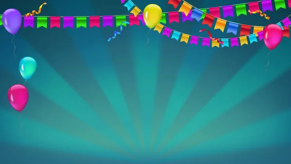 Banner com raios de sol em estilo broadway. Guirlanda de bandeiras coloridas, balões infláveis e serpentina. Ilustração vetorial 3D. Fundo para cartaz, banner, capa, cartão de saudações — Vetor de Stock