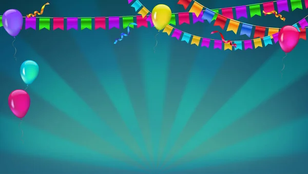 Banner con rayos de sol en estilo broadway. Guirnalda de banderas de colores, globos inflables y serpentina. Ilustración vectorial 3D. Fondo para póster, banner, portada, tarjeta de felicitaciones — Archivo Imágenes Vectoriales