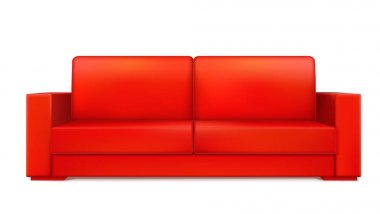 Kırmızı modern lüks kanepe oturma odası, Resepsiyon veya lounge. Tek nesne, gerçekçi tasarım, beyaz arka plan üzerinde 3d illüstrasyon izole vektör simgesi.