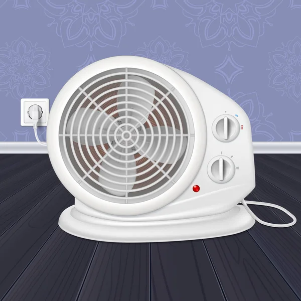 Chauffage électrique avec ventilateur, appareil radiateur pour le chauffage des locaux à l'intérieur de la pièce. Chauffage électrique domestique avec prise et cordon électrique. Illustration 3D . — Image vectorielle