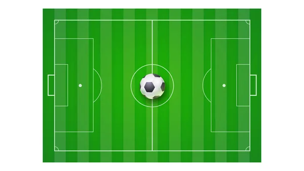 Fotbollsplan med gräs och bollen, ovanifrån. Horisontella bakgrund för affischer, banderoll med Europeiska fotbollsplan med markeringar. 3D illustration, redo för print och design — Stock vektor