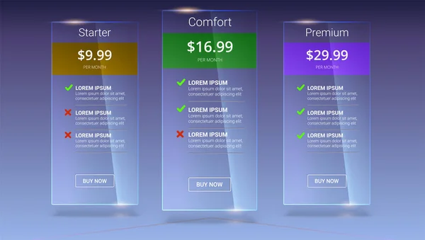 Três bandeiras de vidro com plano tarifário. Comparação de tabela de preços definido para o negócio, lista de bala com plano comercial. Modelo para preços de produto de negócios, ilustração vetorial 3D —  Vetores de Stock