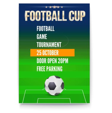 Avrupa Futbol Kupası, el ilanı tasarımı, afişi. Futbol topu oyun alanının arka plan üzerinde. Şablon / spor olay davetiyesi için duyuru. Afiş yazdırma için vektör 3d çizim hazır
