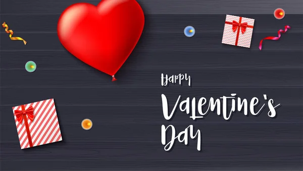 Tarjeta de felicitación feliz día de San Valentín sobre fondo de madera. Composición abstracta horizontal con gran corazón rojo, cajas de regalo y velas, ilustración 3D. Tarjeta postal o tarjeta de invitación para las vacaciones — Vector de stock