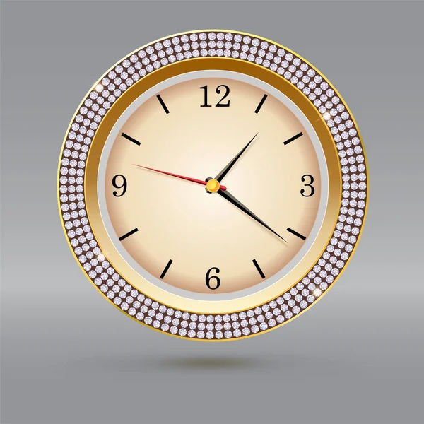Reloj de oro con diamantes sobre fondo gris. Icono de reloj de lujo, decoración de joyas con esfera blanca y flechas — Vector de stock