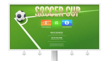 Futbol Kupası, Avrupa Futbol olay afiş tasarımı panoda. Futbol topu penaltı atışları için alanının köşesinde. Şablon reklam / olay spor. 3D illüstrasyon vektör