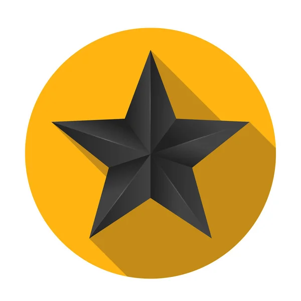 Étoile volumétrique à cinq branches avec ombre plate. Icône de classique étoile noire sur fond rond jaune, illustration 3D — Image vectorielle