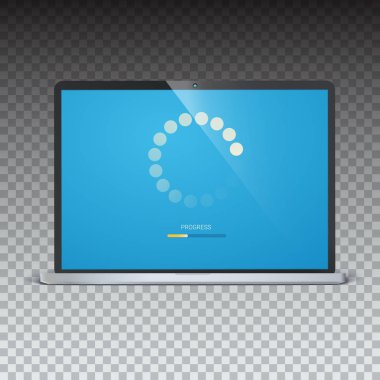 Mobil uygulamalar için yük çubuğu web preloader laptop ekranında. Radyal yük, güncelleştirmek veya ilerleme çubuğu, en az düz tasarımı diyagram simgesi indirebilirsiniz. Saydam arka plan üzerinde 3d illüstrasyon izole