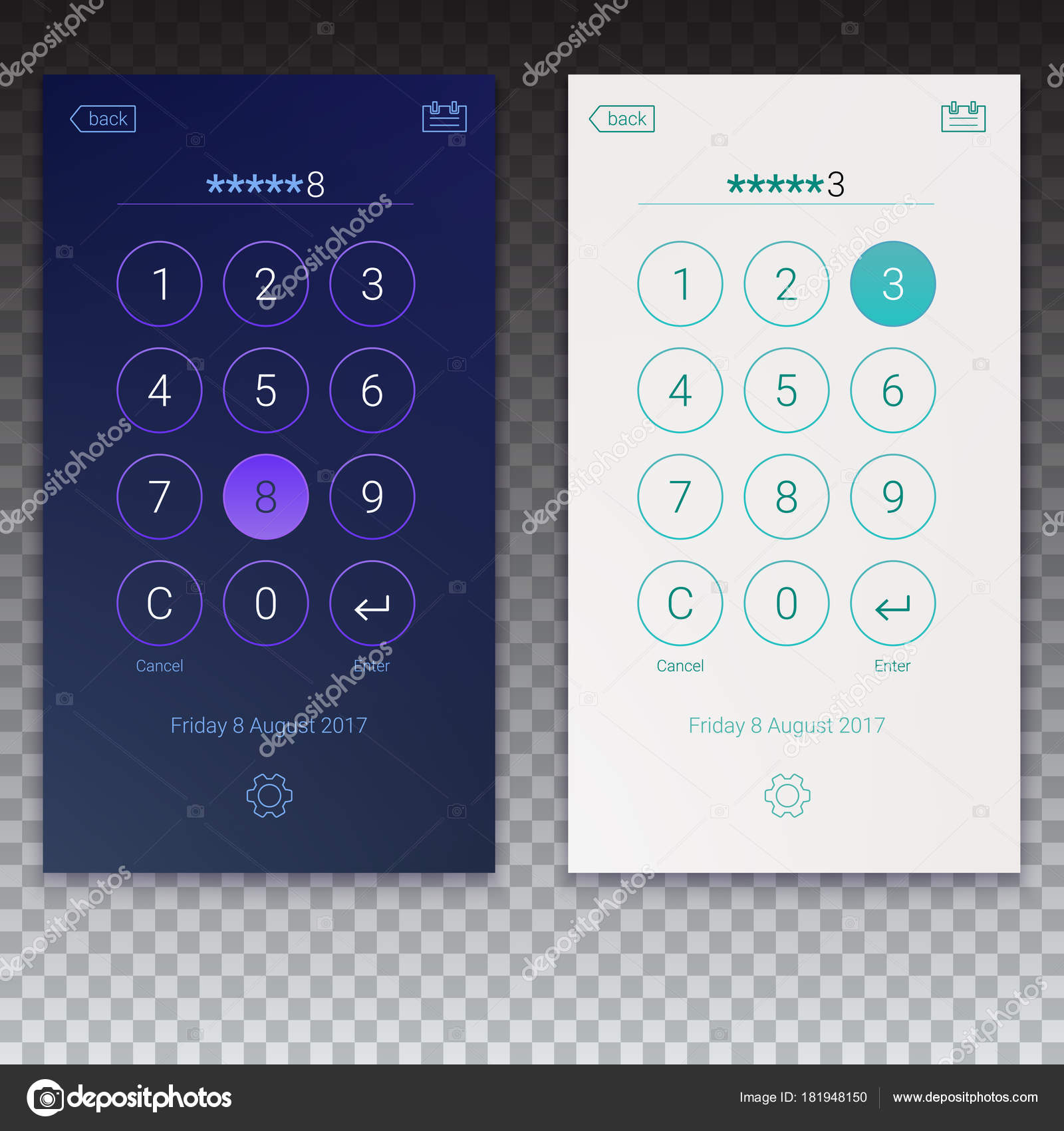 자물쇠 스크린에 대 한 암호 인터페이스 로그인, 암호 페이지 입력. 투명 한 배경 Ui 디자인, 밤낮 변종의 개념. 디지털 숫자 키패드  응용 프로그램, 사용자 인터페이스 키트, 3d 그림 스톡 벡터 - ©master-erik