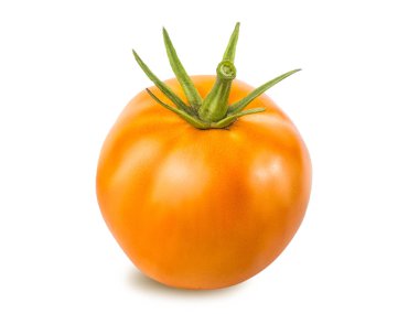 Kuyruk beyaz arka plan üzerinde izole sarı domates. Doku, parlama ve gölge ile düzeltisiz domates. Yakın çekim görünümü.