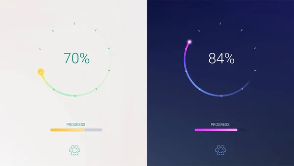 Progresso del caricamento per applicazioni mobili o web preloader su sfondo chiaro e scuro. Carico radiale, aggiornare o scaricare l'icona diagramma della barra di avanzamento, design piatto minimo con percentuale di progresso — Vettoriale Stock