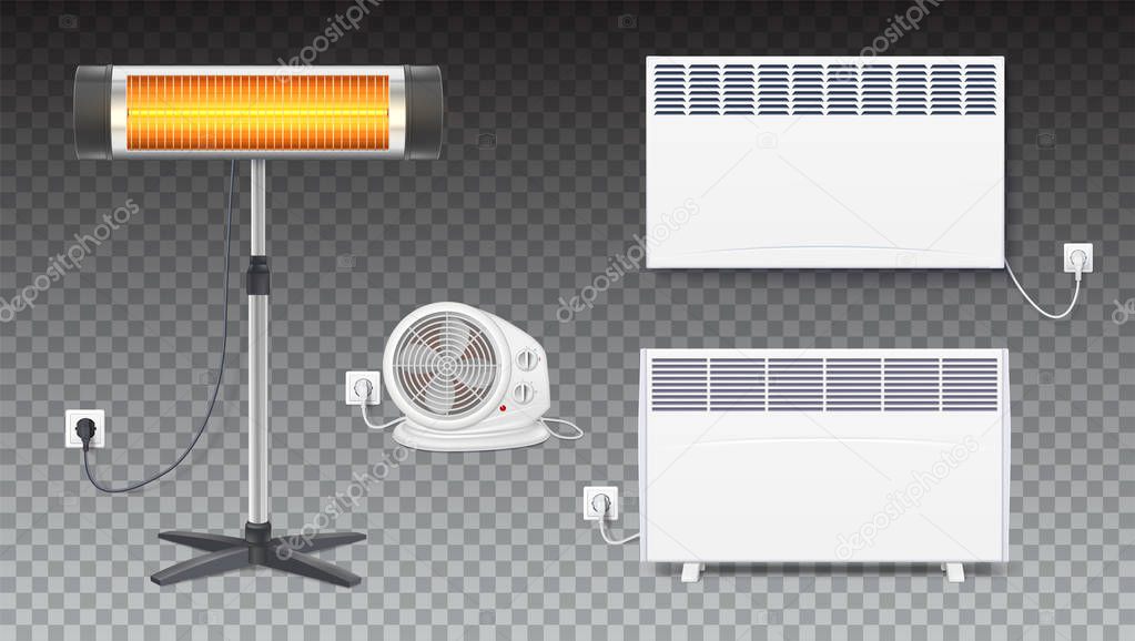 Set icons of heaters, household appliances on transparent background. Realistic convector, fan heater, UFO quartz heater with power cord and socket, isolated 3D illustration with shadows