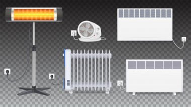 Elektrikli yağ radyatör, kalorifer fan, panel radyatör, kuvars halojen ısıtıcı ile parlayan lamba ile. Aletleri oda iç Isıtma alanı için. Simgeleri şeffaf arka plan ayarla