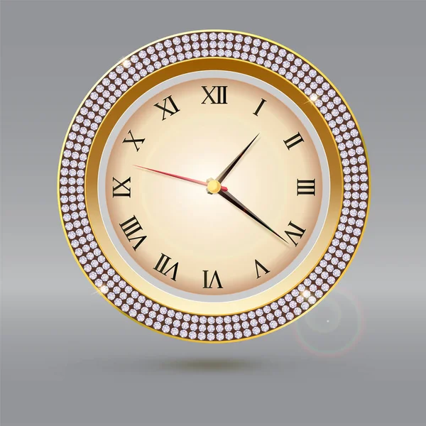 Reloj con diamantes y números romanos. Icono de reloj de lujo, decoración de joyas con esfera y flechas — Vector de stock