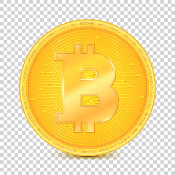Moneta z wirtualnej waluty Bitcoin. Ikona, złoty symbol pieniędzy Bitcoin na przezroczystym tle. Symbol technologia. Waluty cyfrowej, kryptowaluta — Wektor stockowy