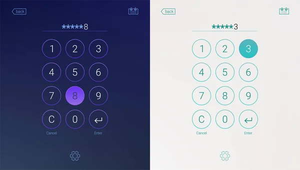 Interfaz de contraseña para la pantalla de bloqueo, iniciar sesión o introducir páginas de contraseña. Aplicación numpad digital, kit de interfaz de usuario, interfaz móvil. Concepto de diseño de IU, variantes claras y oscuras . — Vector de stock