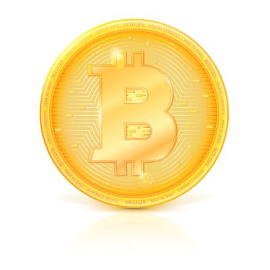 Gölge ve yansıma ile sanal para Bitcoin para. Beyaz arka plan üzerinde izole bitcoin altın para simgesi simgesi. Teknoloji, dijital para, kripto para birimi sembolü