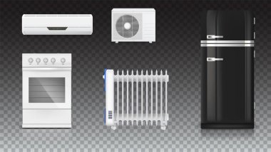Klima, elektrikli yağ radyatör, buzdolabı retro tasarımı, gaz soba ile hava. Elektrikli ev aletleri. Ev aletleri simgeleri şeffaf arka plan üzerinde ayarlayın. 3D çizim