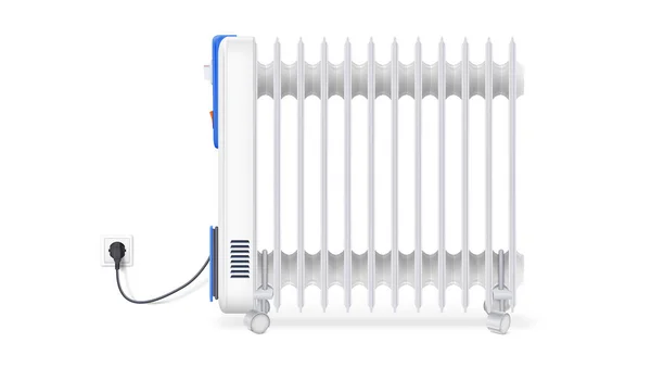 Ícone do radiador de óleo isolado no fundo branco horizontal. Aquecedor branco, cheio de óleo elétrico. Vetor, símbolo redimensionável do convetor — Vetor de Stock