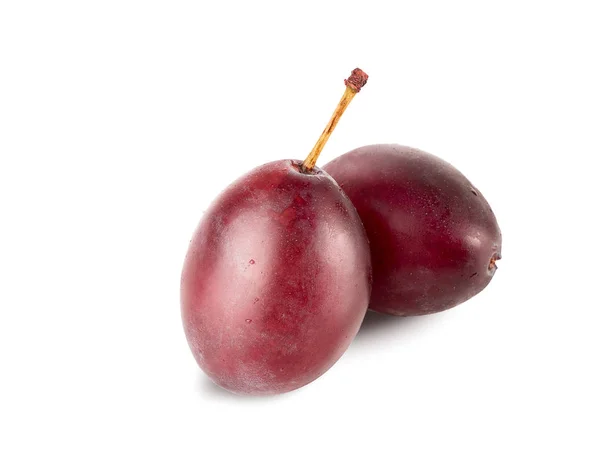 Berry of plums with green tail. Fresh fruit, plum isolated on white background retouched and ready for your project. — Stock Photo, Image