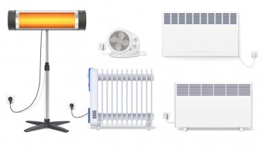 Panel radyatör, elektrikli yağ radyatör, kalorifer fan ile kuvars halojen ısıtıcı parlayan lamba ile. Aletleri oda iç Isıtma alanı için. Beyaz arka plan üzerinde fiş ile Icons set