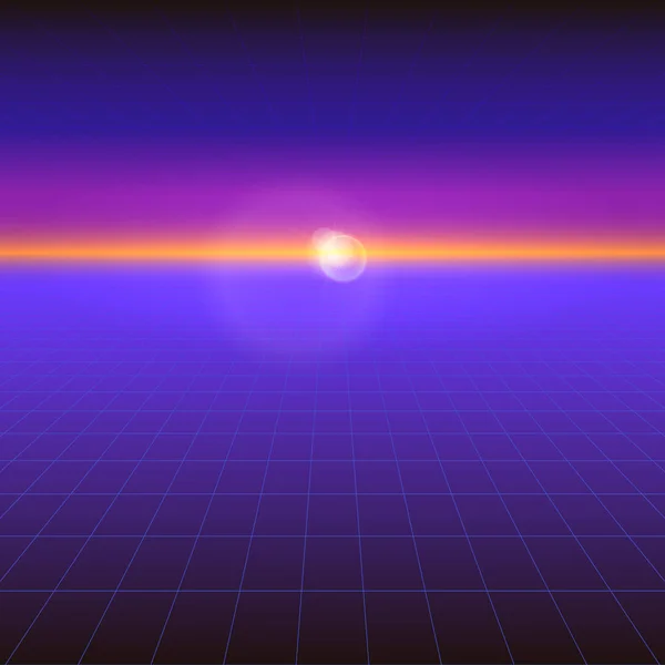 Футуристичний абстрактний фон з сонцем на горизонті. Науковий фіолетовий ретроградієнт, вінтажний стиль 80-х років. Цифровий кібер-світ, віртуальна поверхня з неоновими сітками. Вектор для дизайну компонування . — стоковий вектор