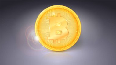 Bir jeton Bitcoin. Yatay gri arka plan üzerinde dijital para altın sembolü. Işık ışınları, güneş ile geleceğin sanal para kamaşma ve dijital Kripto para simgesi demeti, flare.
