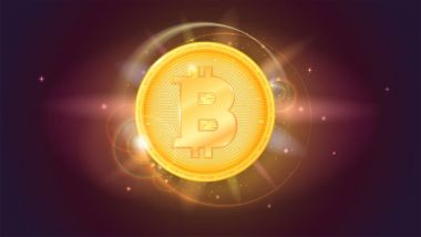Bitcoin, altın sikke. Yıldız ile yatay alan arka plan üzerinde Kripto para birimi sembolü. Işık ışınları, parlama ve parlama kirişler ile sanal dijital para