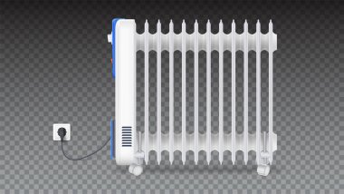 Yağ Radyatör yatay şeffaf arka plan üzerinde izole. Beyaz, ısıtıcı seyyar elektrikli yağ dolu. Yerli elektrikli ısıtıcı Tak ve elektrik kablosu ile. 3D çizim.