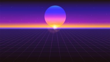 Sci fi fütüristik arka plan. Mor retro degrade, 80 lerin vintage tarzı. Neon Izgaralar, dijital cyber dünya ile sanal yüzey. Vektör çizimi tasarımınız için düzen, poster.