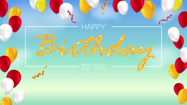 Плакат Happy Birthday с блестящими цветными воздушными шарами с золотыми, глайтерными лепестками и рамкой. Векторная 3D иллюстрация. Шаблон для баннера, плаката или поздравительной открытки . — стоковый вектор