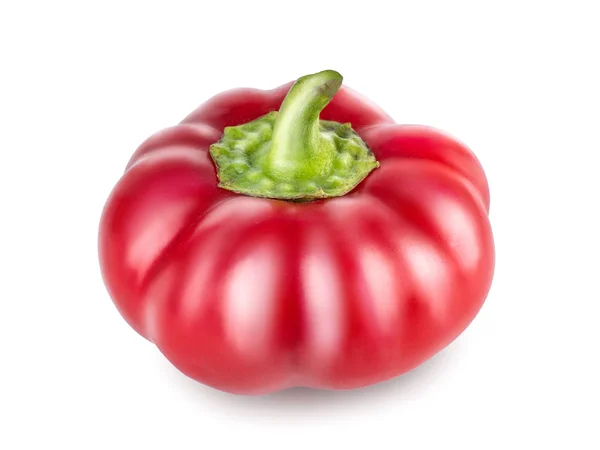 Rå paprika med grön svans, som utskuren med textur. Sidovy, närbild isolerad på vit bakgrund. Söt röd paprika, redo att använda i projektet — Stockfoto