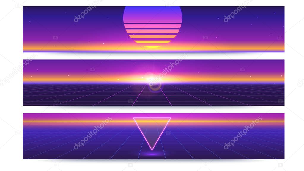 Sci fi abstract long horizontal banners with the sun on the horizon. Retro gradient, vintage style of the 80s. Digital cyber world, virtual surface with rays. 3D illustration for design of layout.