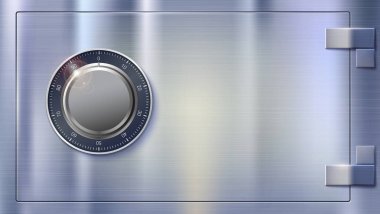 Para saklamak için Emanet Kasası. Metal yüzey dokusu ile güvenli kilit. Gerçekçi metalik şifreli kilit, önden görünüm. Para, 3d illüstrasyon kavramı güvenlik