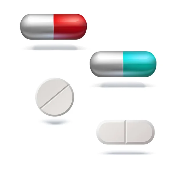 Diferentes pastillas y cápsulas para la enfermedad. Conjunto de plantilla realista de medicamentos, tabletas, vitaminas, antibióticos. Ilustraciones vectoriales 3D, aisladas sobre fondo blanco — Archivo Imágenes Vectoriales