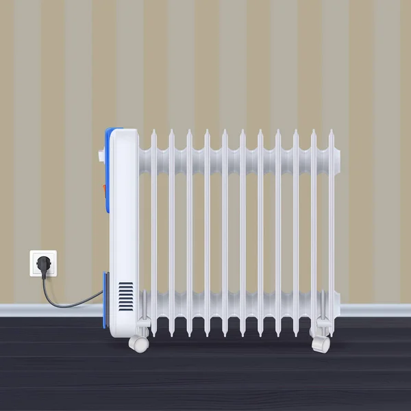 Radiador de aceite en la habitación con fondo de pantalla. Calentador blanco lleno de aceite eléctrico sobre ruedas. Calefacción eléctrica doméstica con enchufe y cable eléctrico. Ilustración 3D . — Vector de stock