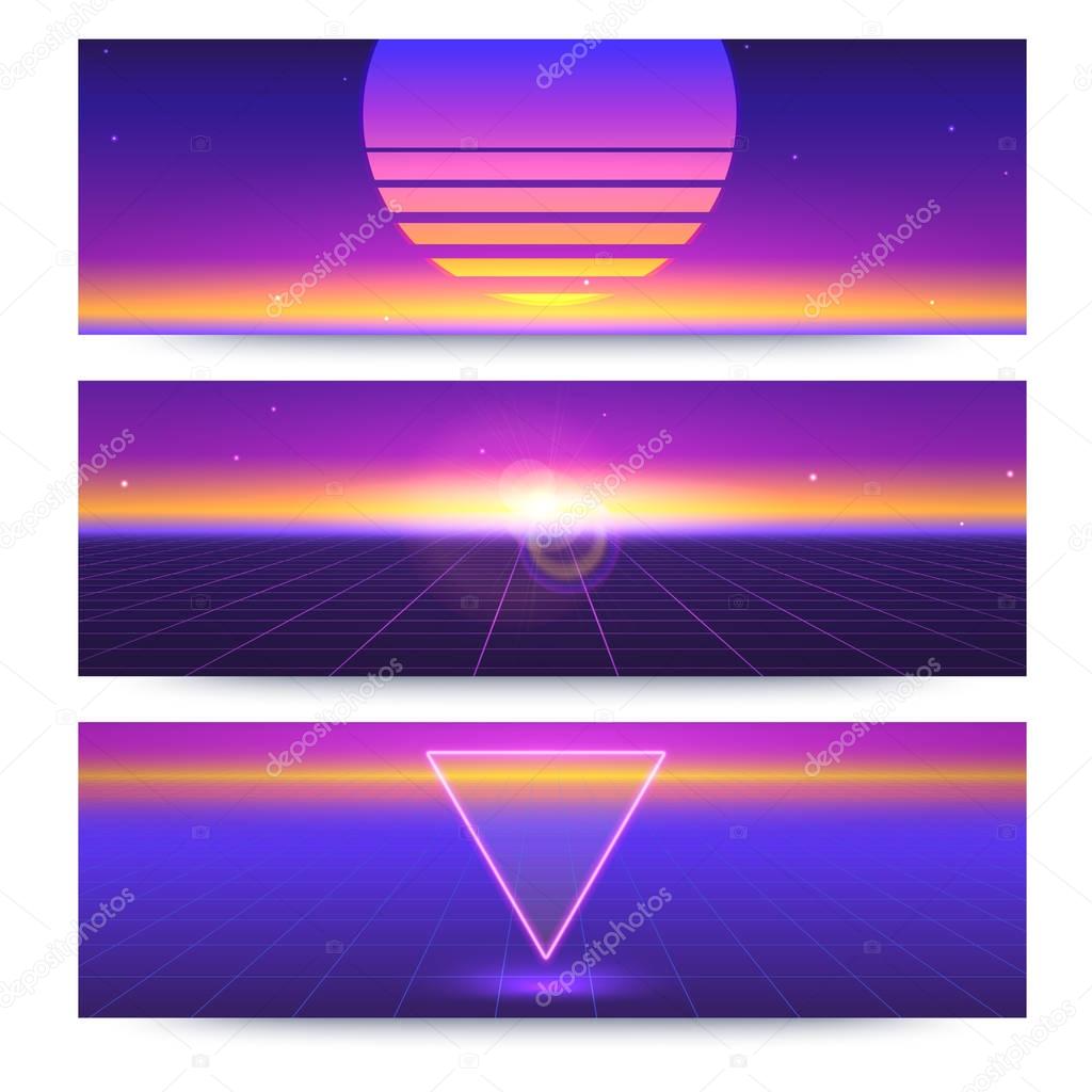 Futuristic abstract banners with the sun on the horizon. Sci fi violet retro gradient, vintage style of the 80s. Digital cyber world, virtual surface with light. 3D illustration for design of layout.
