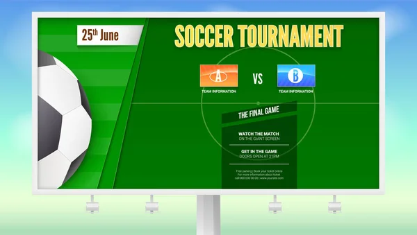 Ποδόσφαιρο αφίσα με το σχέδιο κειμένου σε λευκή πινακίδα. Έμβλημα του τουρνουά ποδοσφαίρου με τη διάταξη των ισότιμων όρων ανταγωνισμού και μπάλα ποδοσφαίρου. Πρότυπο για τη διαφήμιση, αθλητικό γεγονός. Διάνυσμα 3d απεικόνιση. — Διανυσματικό Αρχείο