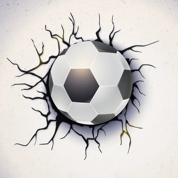 Ballon de football sur le fond d'un mur brisé avec du plâtre fissuré. Ballon de football endommagé le mur avec texture, illustration 3D. Affiche pour événements sportifs, tournois, championnats . — Image vectorielle