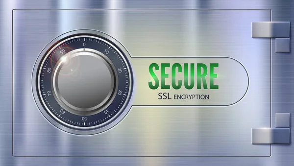 Conexión SSL segura. Concepto de seguridad de la información y los datos protegidos. Puerta metálica, cerradura segura en superficie metálica. Tecnología de encriptación de datos segura, signo de privacidad del certificado https, ilustración 3D — Vector de stock