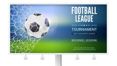 Futbol topu hareketi ile billboard. Oyun an hedef, net, kafes top ile. Futbol topu kalede. Futbol ya da futbol oyunları, turnuvalar, Şampiyonası poster. 3D çizim.