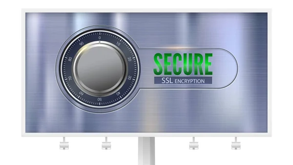 Conexión SSL segura, cartelera con póster, aislada en blanco. Concepto de seguridad de la información protegida. Cerradura segura en superficie metálica. Tecnología segura de cifrado de datos, señal de privacidad de certificado https — Vector de stock