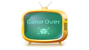 Oyun bitti, piksel metin, kafatası ve kemiklerin üstünde perde. Sarı Tv mesaj ile ayarlayın. Retro tarzı Tv ya da bilgisayar oyunu, 3d illüstrasyon izole beyaz arka plan üzerinde.