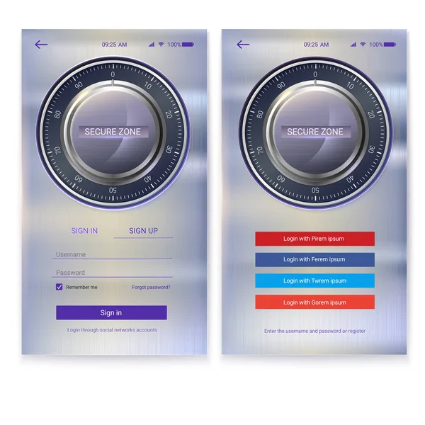 Biztonsági alkalmazások felhasználói felület tervezése, fém alapon. Számla engedély, touchscreen mozgatható apps felületen. Bejárat keresztül logika, jelszó. UX képernyő-val digitális zár a logika oldal. — Stock Vector
