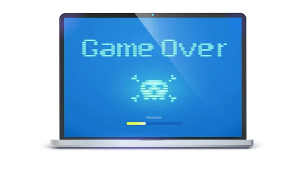 Acabou o jogo, texto de pixel, crânio e ossos na tela. Laptop com mensagem que requer atenção. Estilo retrô de TV ou jogo de computador, ilustração 3D isolada em fundo branco . — Vetor de Stock