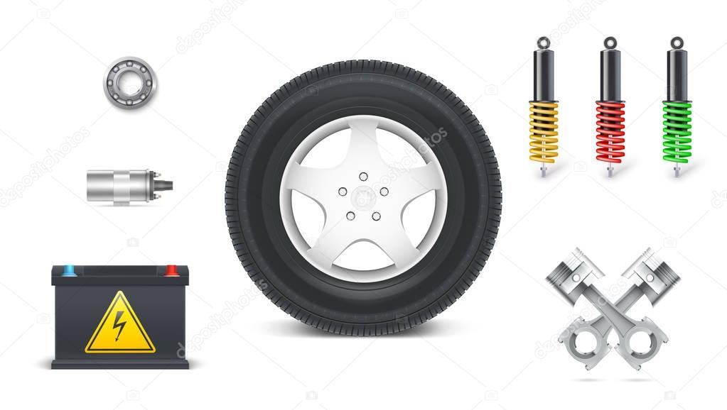 Icons of Car parts for garage, auto services. Set of automotive shock absorbers, tyre with disc, piston set for engines, battery, bearing, electric coil isolated on white background. 3D illustration.