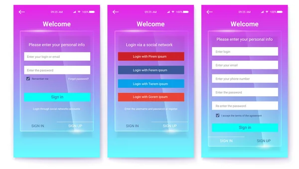 Набор UX Screen на стеклянном фоне. Регистрация или авторизация, интерфейс для мобильных приложений с сенсорным экраном. Вход через логин, пароль и социальную сеть. Элементы дизайна пользовательского интерфейса приложений — стоковый вектор