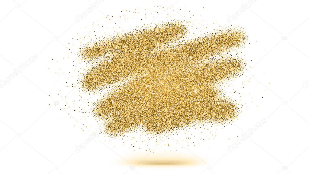 Luxury gold sparkle glitter brush strokes. Texture of dust isolated on white background. Golden explosion of particles for vip exclusive certificate, luxury gift, voucher. 3D illustration